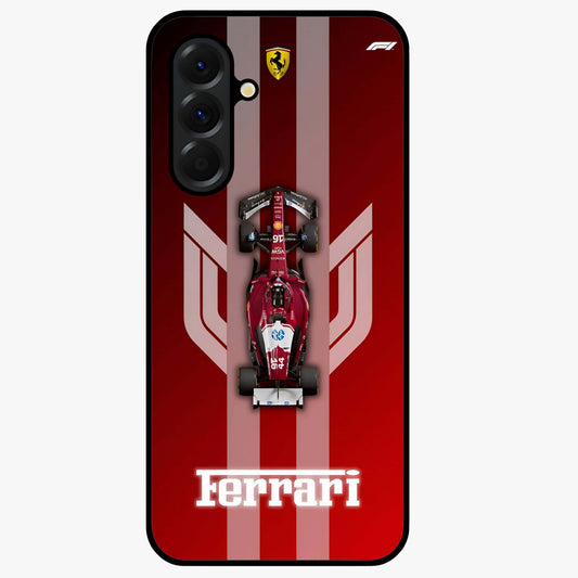 Red Ferrari F1 Vertical Glass Case showing flat back view with sleek Formula racing car artwork and glossy glass finish.
