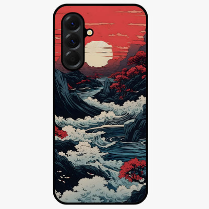 Red Sunset Scenery Glass Case showing flat back view with vibrant sunset landscape artwork and glossy glass finish.