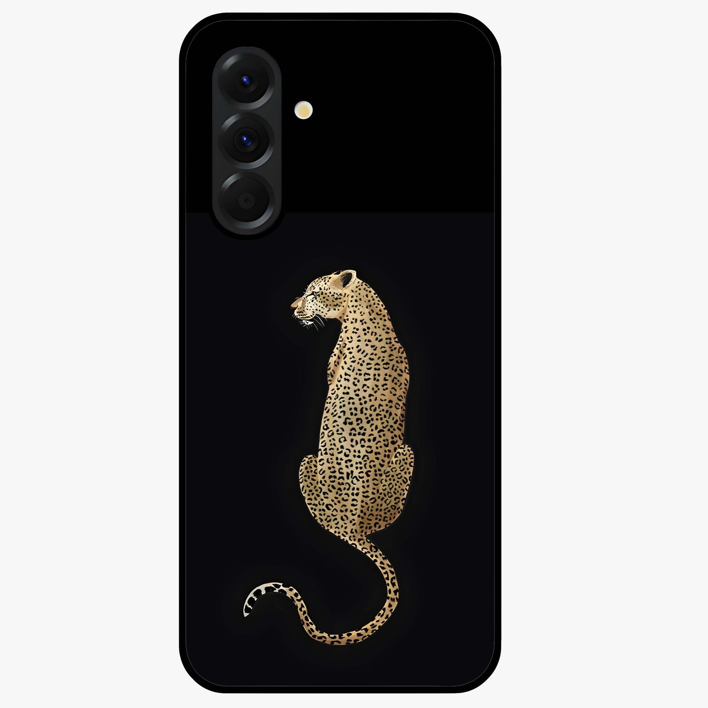 Regal Leopard Glass Case showing flat back view with bold leopard artwork and glossy glass finish.