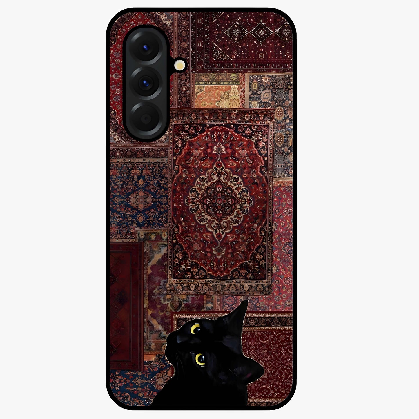 Regal Magic Cat Apple Glass Case showing flat back view with magical cat artwork holding apple and glossy glass finish.