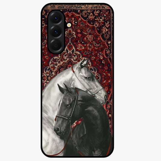 Regal Stallion Tapestry Glass Case showing flat back view with majestic horse tapestry artwork and glossy glass finish.