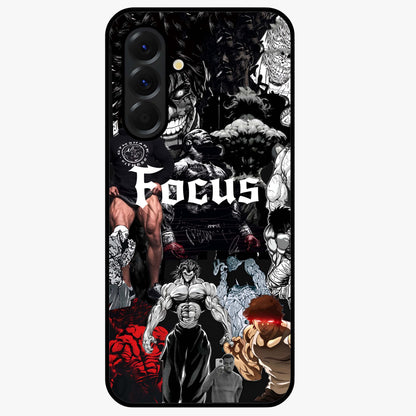 Relentless Power Focus Glass Case showing flat back view with motivational typography artwork and glossy glass finish.
