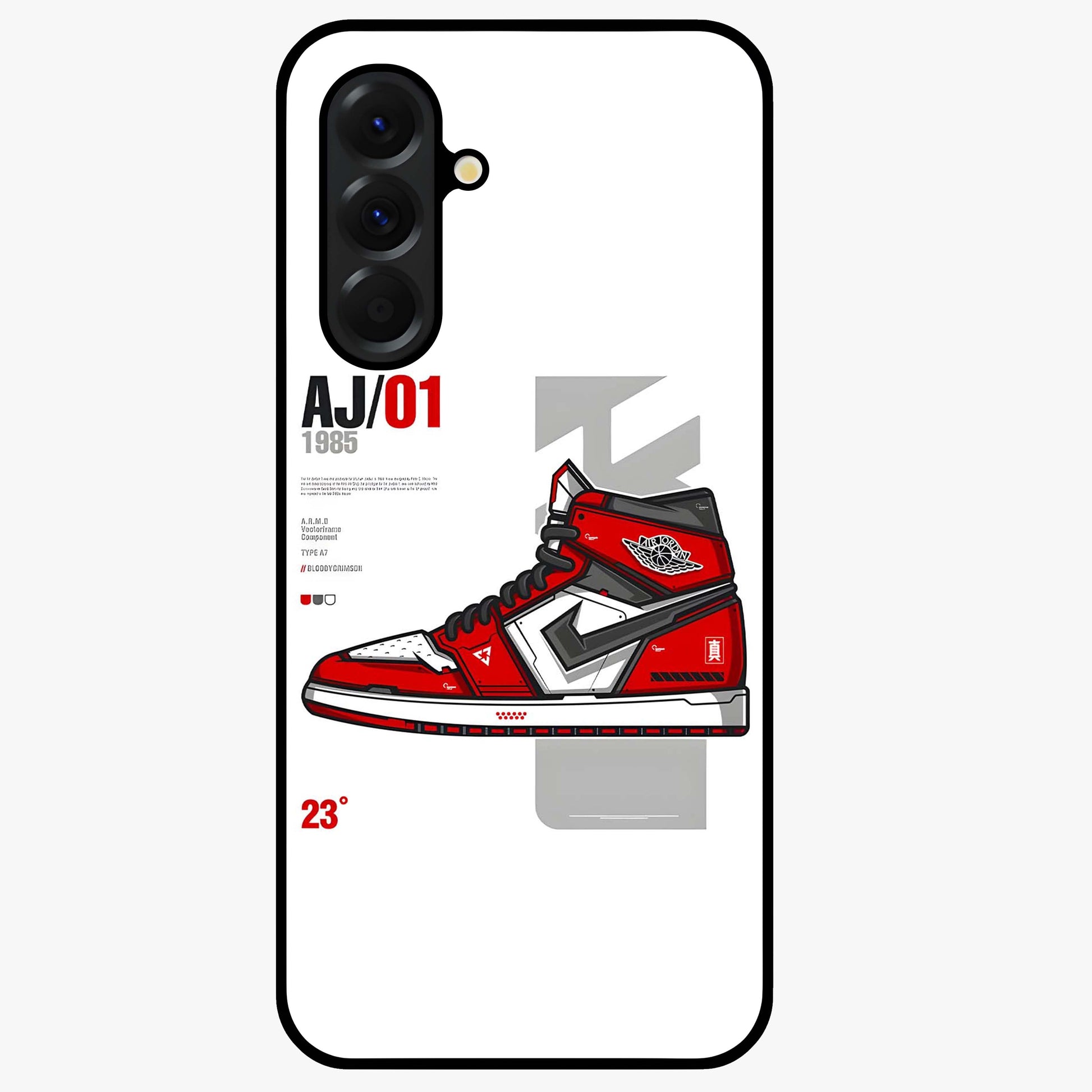 Retro Sneaker Blueprint Glass Case showing flat back view with sneaker blueprint style artwork and glossy glass finish.