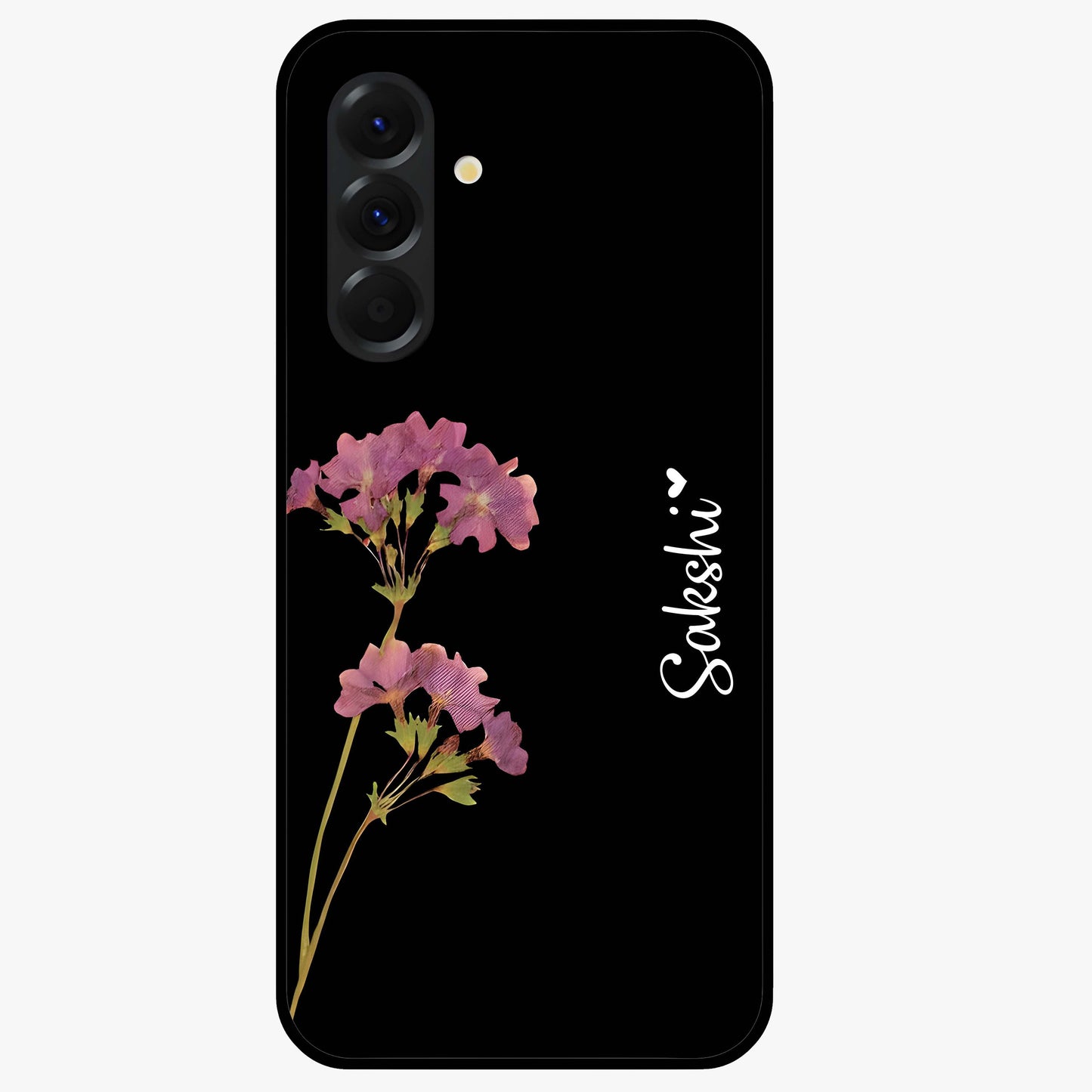Riching Lavender Flower Custom Name Glass Case showing flat back view with lavender floral artwork and personalized name design.