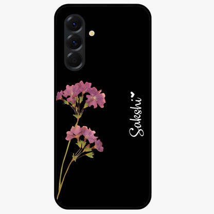 Riching Lavender Flower Custom Name Glass Case showing flat back view with lavender floral artwork and personalized name design.