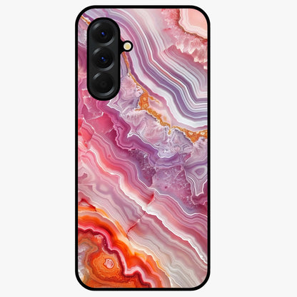 Rose Quartz Marble Glass Case showing flat back view with pink marble quartz texture artwork and glossy glass finish.