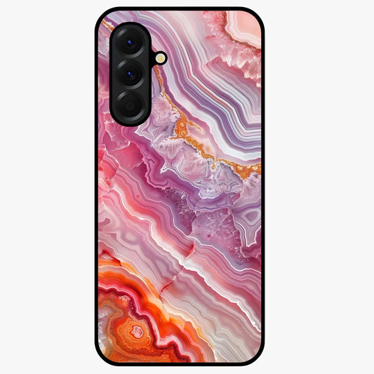 Rose Quartz Marble Glass Case showing flat back view with pink marble quartz texture artwork and glossy glass finish.