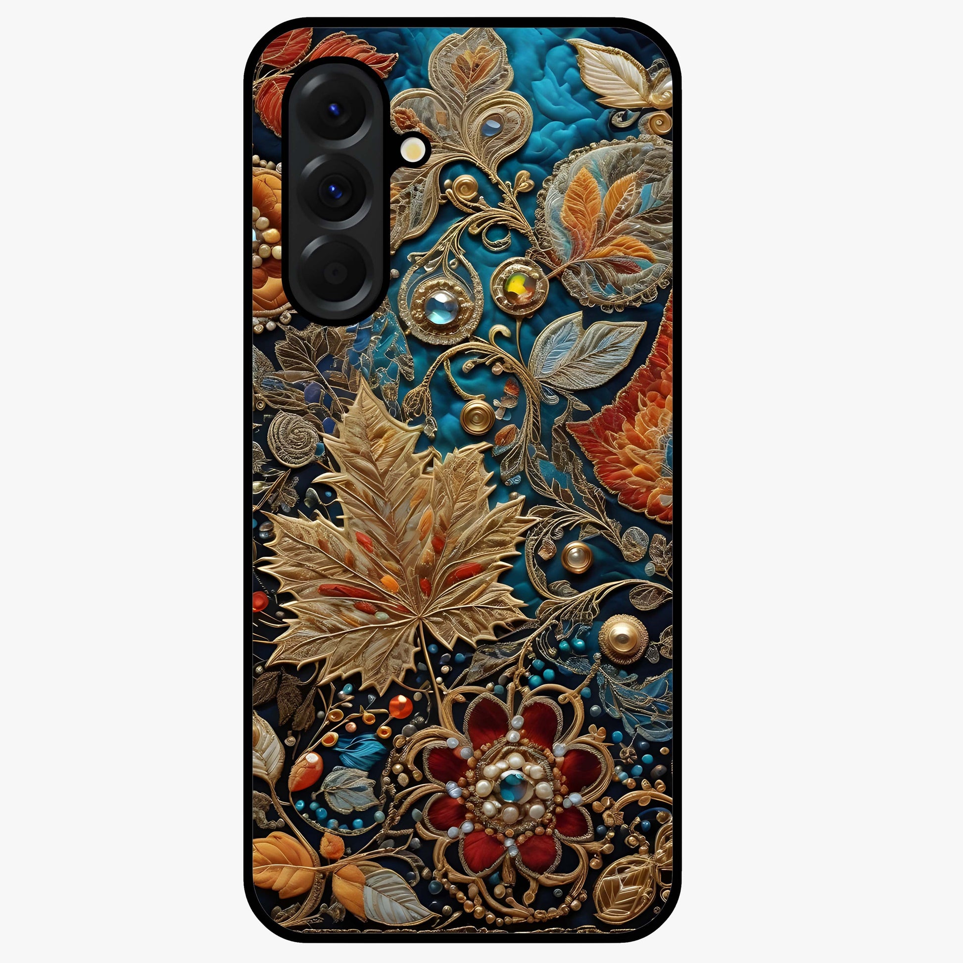 Royal Jewel Garden Glass Case showing flat back view with decorative floral garden artwork and glossy glass finish.