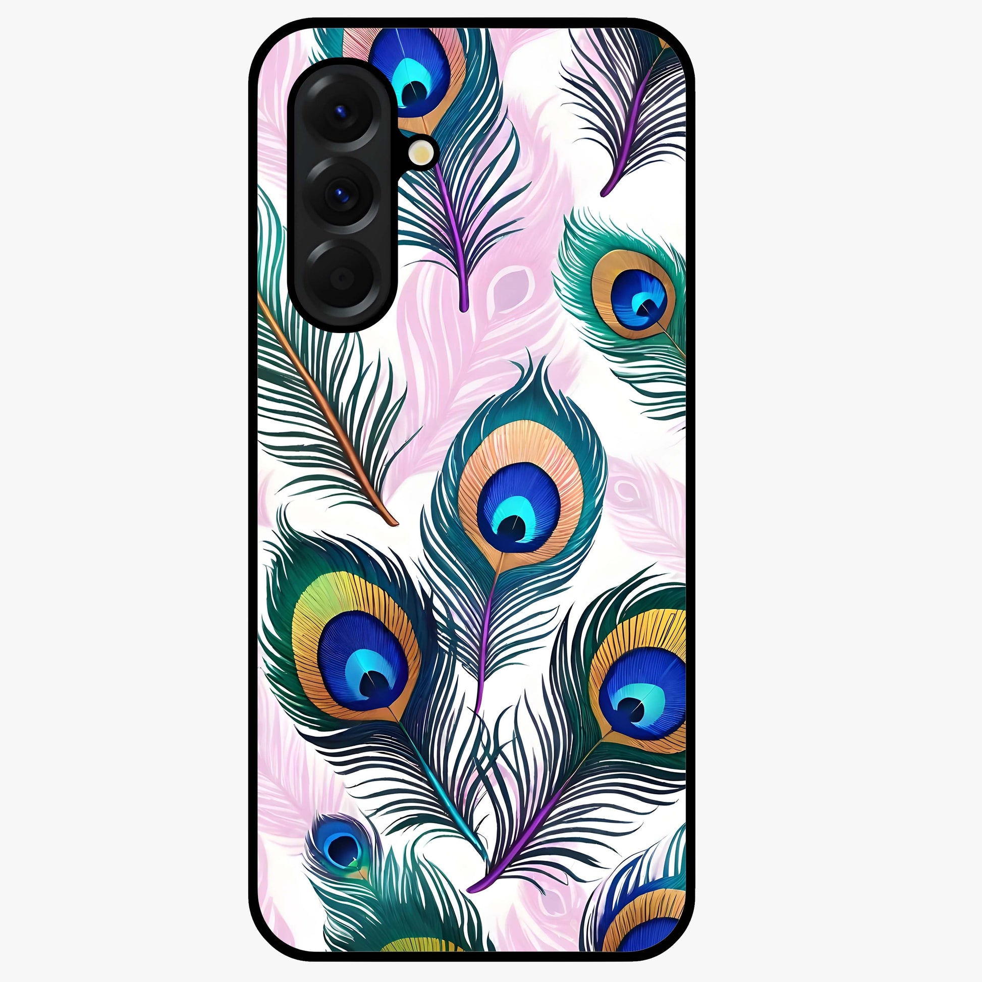 Royal Peacock Feathers Glass Case showing flat back view with colorful peacock feather artwork and glossy glass finish.