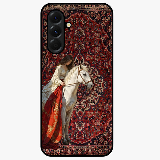 Royal Rider Tapestry Glass Case showing flat back view with majestic horse rider tapestry artwork and glossy glass finish.
