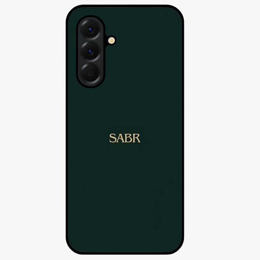 Sabr Minimal Patience Glass Case showing flat back view with minimalist typography artwork and glossy glass finish.