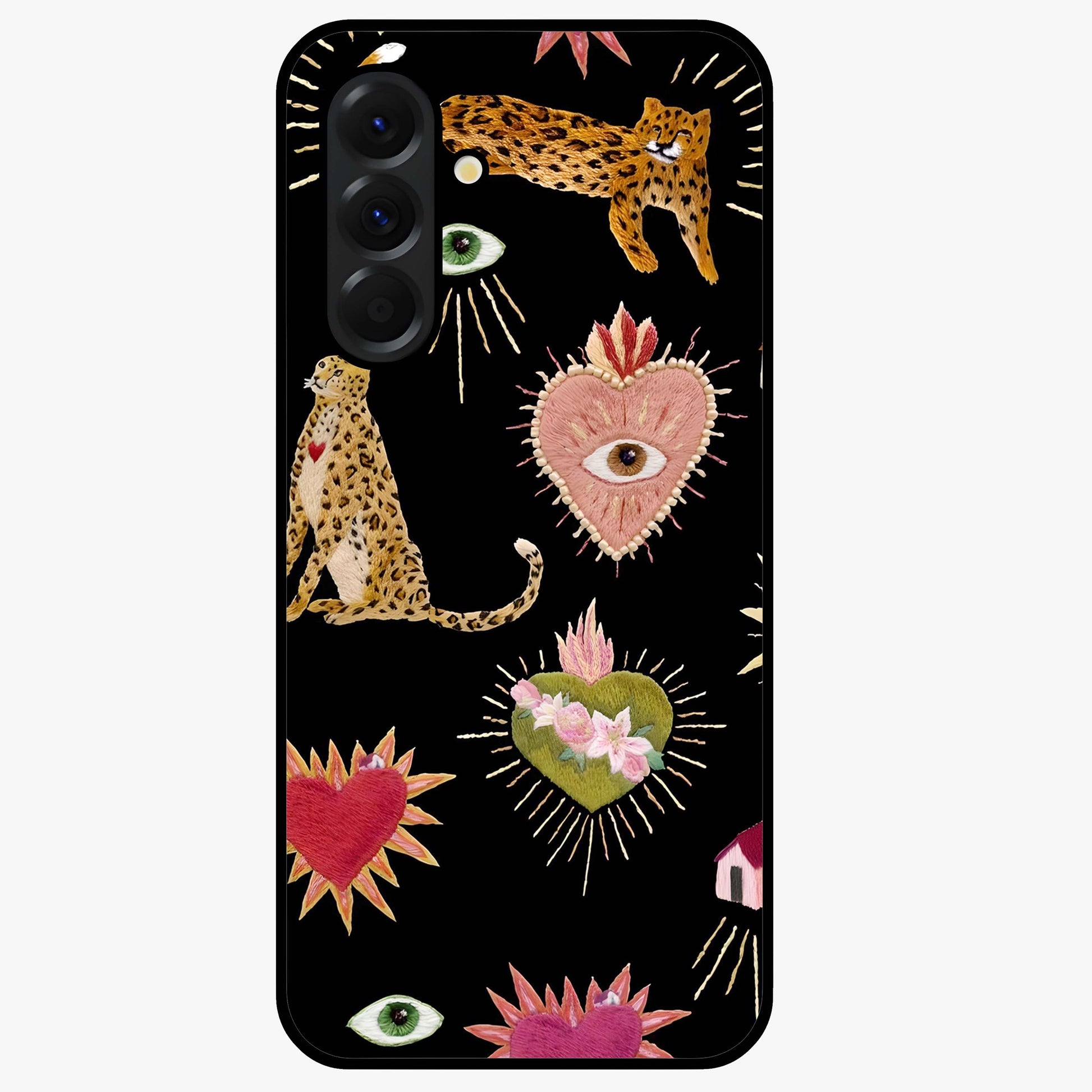 Sacred Jungle Heart Glass Case showing flat back view with jungle inspired heart artwork and glossy glass finish.