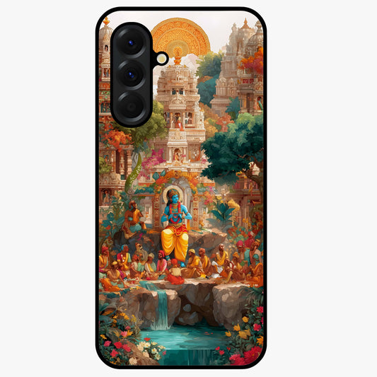 Sacred Sunlight Gods Glass Case showing flat back view with divine sunlight themed artwork and glossy glass finish.