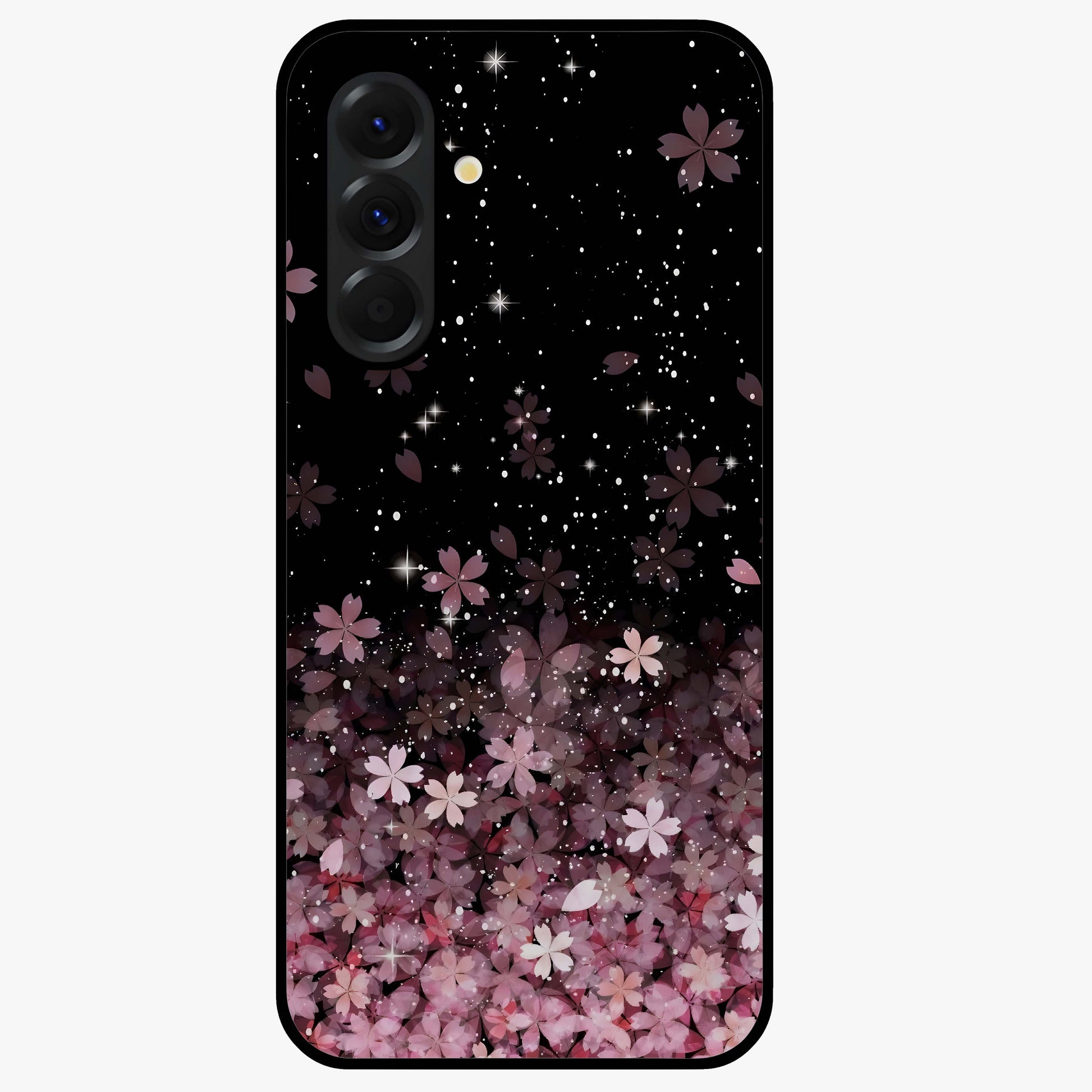 Small Starry Flowers Glass Case showing flat back view with delicate starry floral artwork and glossy glass finish.