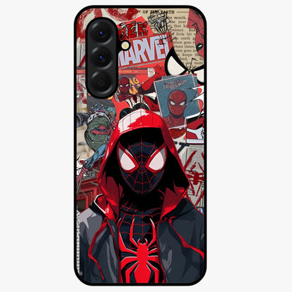 Spider Collage Street Glass Case showing flat back view with vibrant superhero collage artwork and glossy glass finish.