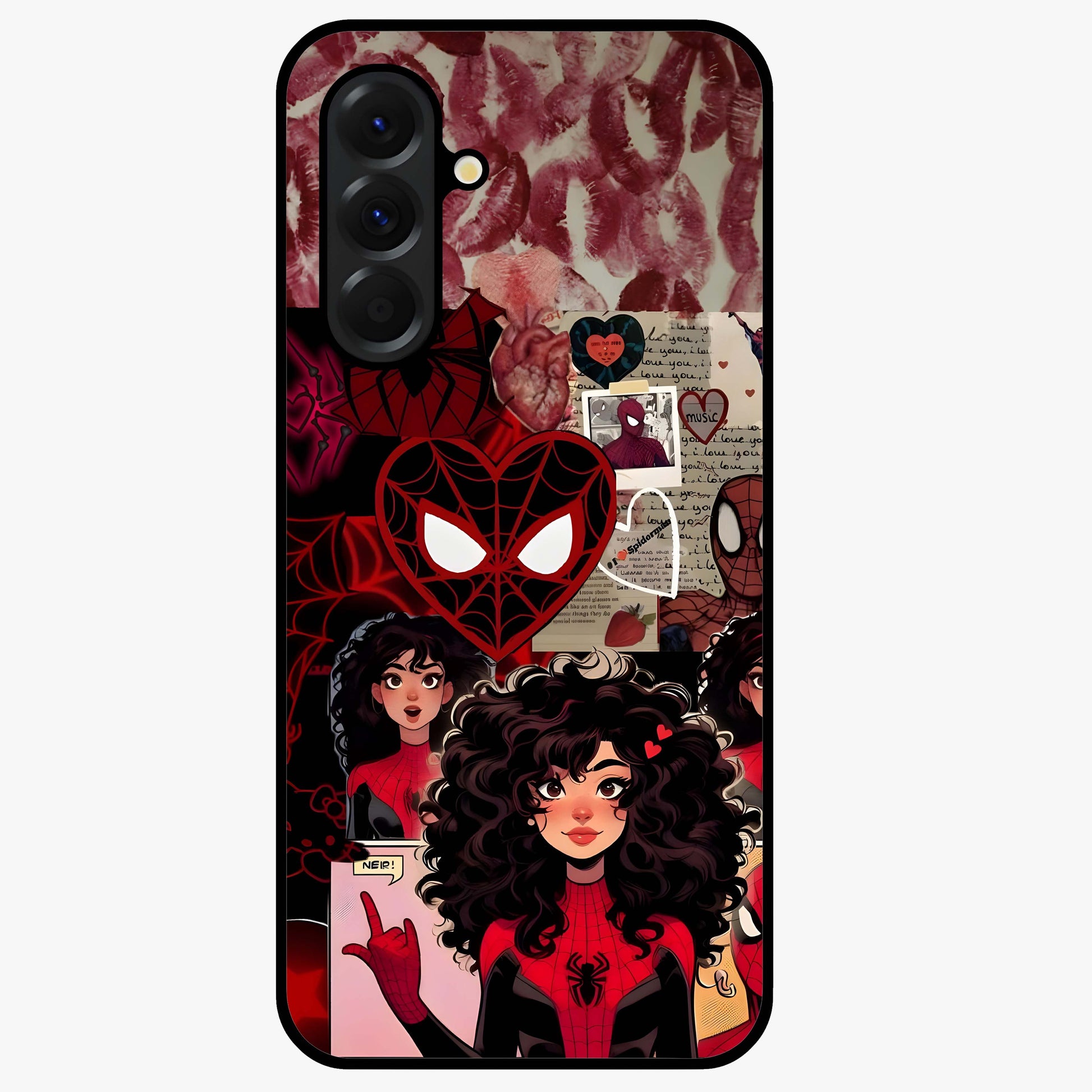 Spider Love Story Glass Case showing flat back view with romantic superhero themed artwork and glossy glass finish.