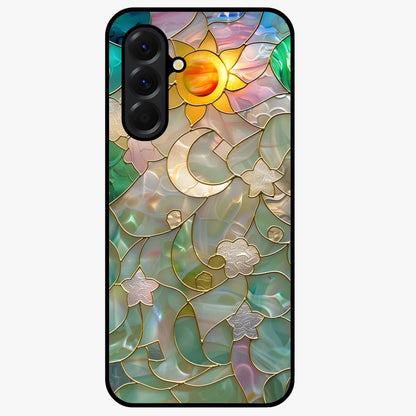 Stained Sunrise Glow Glass Case showing flat back view with glowing sunrise stained pattern artwork and glossy glass finish.