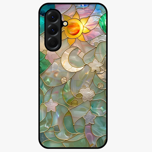 Stained Sunrise Glow Glass Case showing flat back view with glowing sunrise stained pattern artwork and glossy glass finish.