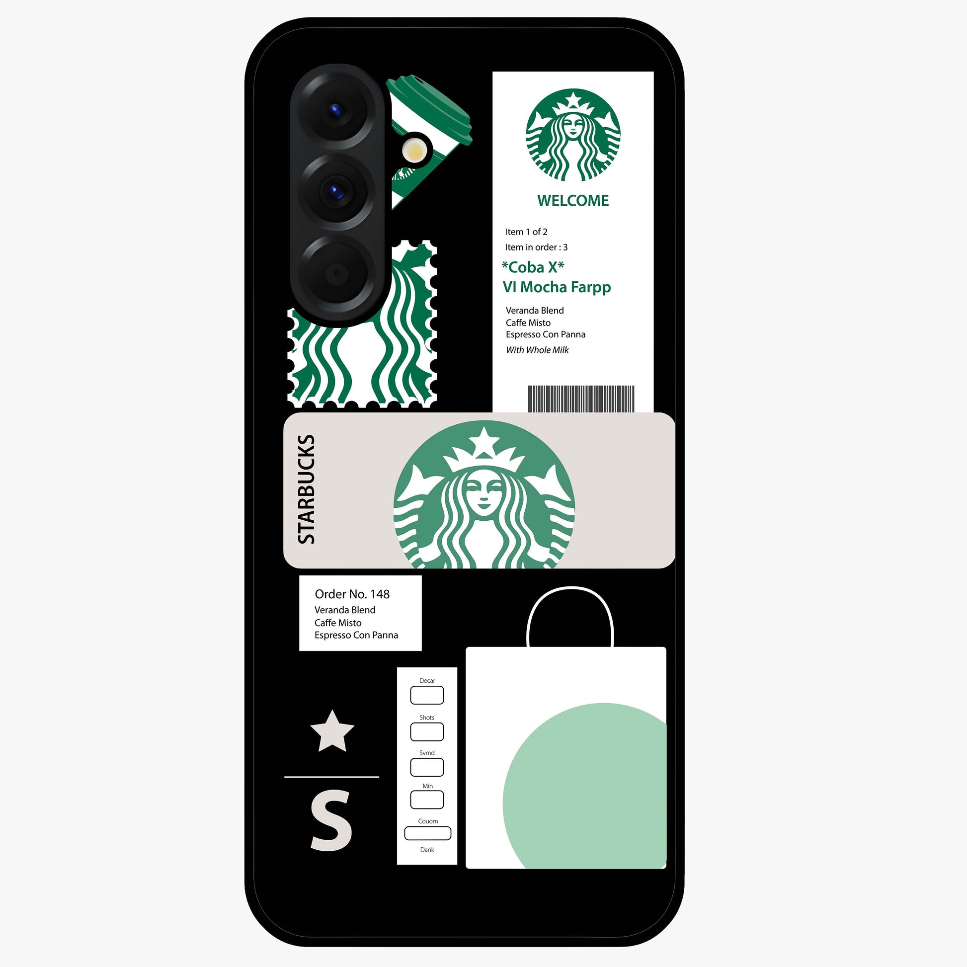 Starbucks Mocha Glass Case showing flat back view with coffee inspired artwork and glossy glass finish.