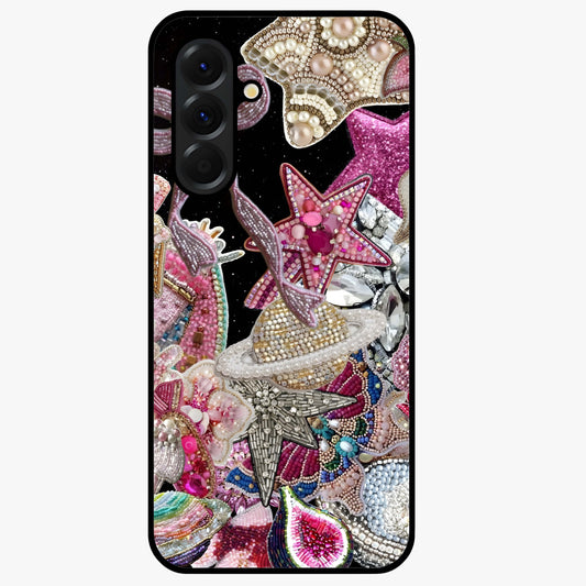 Starlit Jewel Dream Glass Case showing flat back view with sparkling jewel and star themed artwork and glossy glass finish.