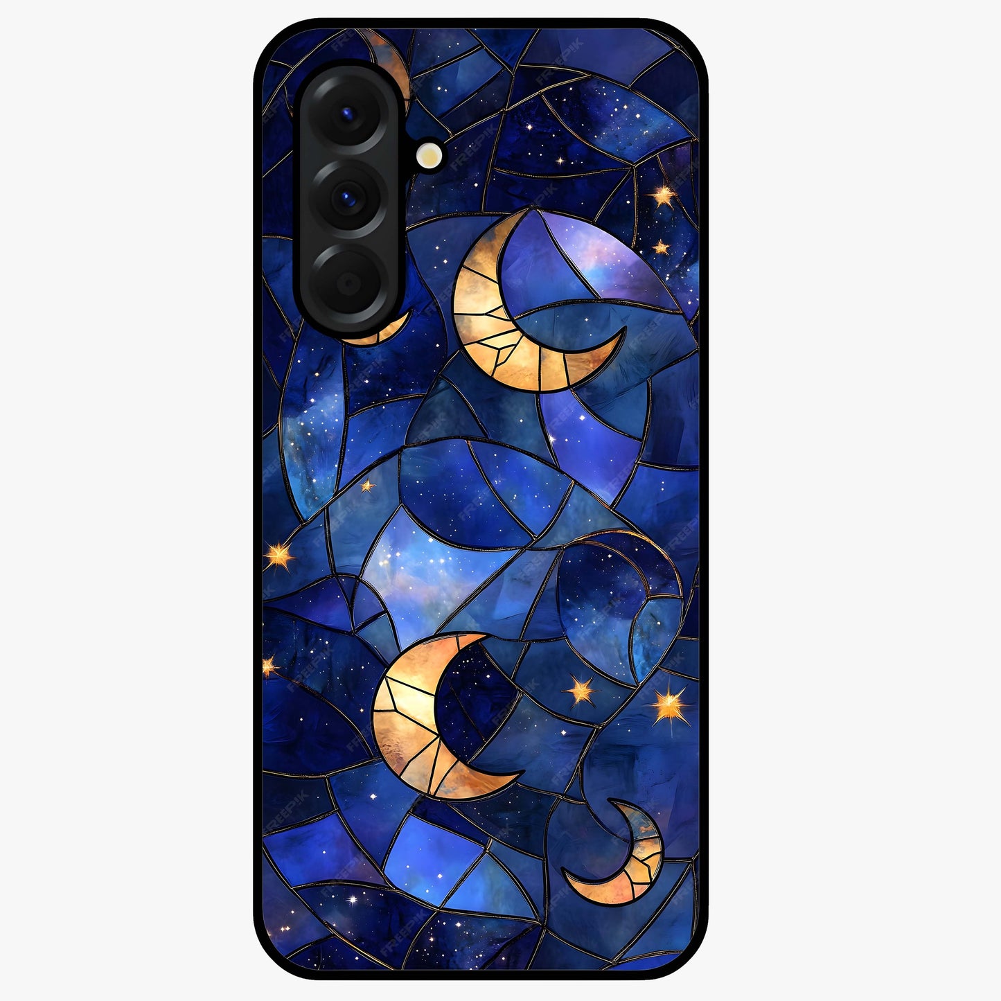Starlit Sky Tapestry Glass Case showing flat back view with decorative starry sky tapestry artwork and glossy glass finish.