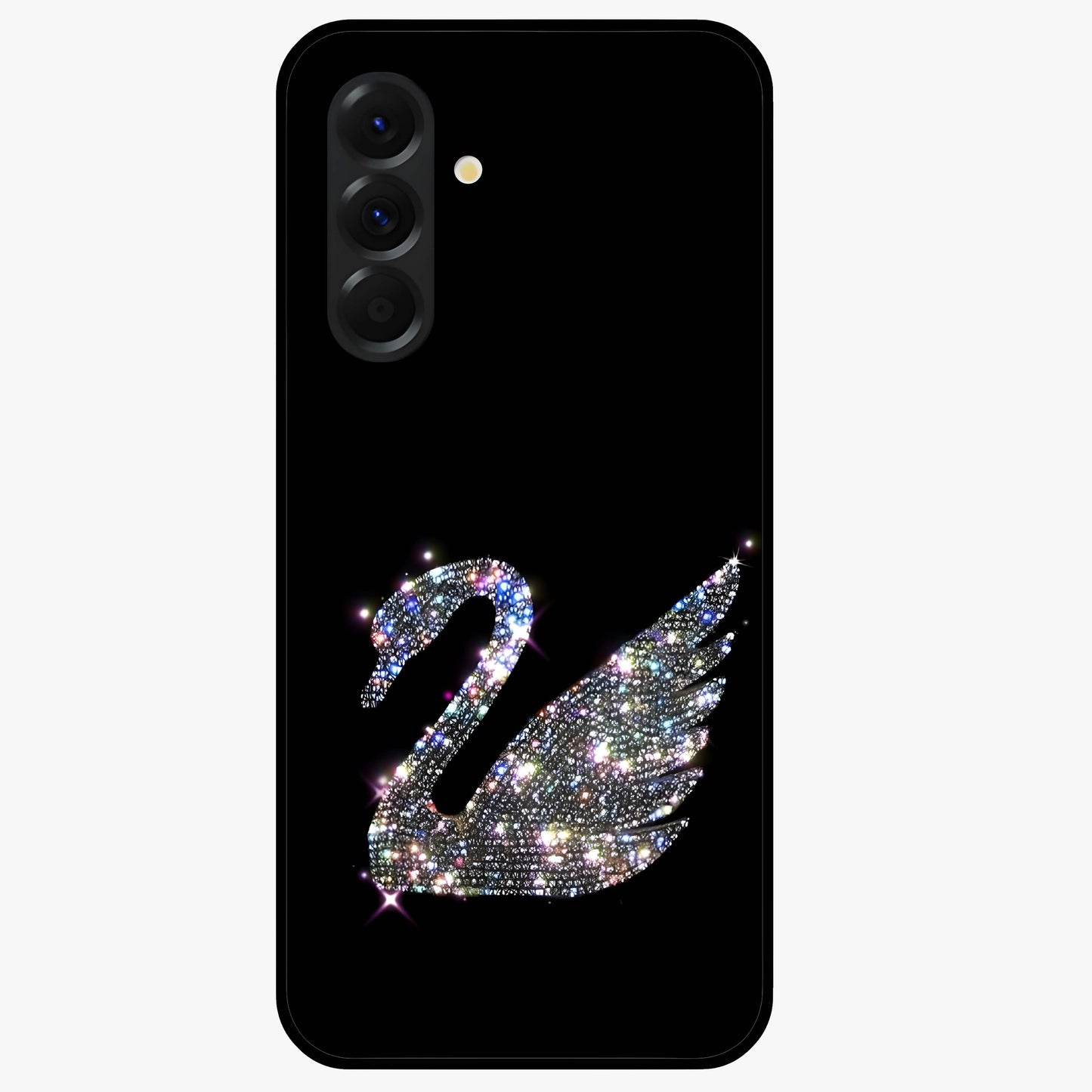 Starlit Swan Grace Glass Case showing flat back view with graceful swan artwork under starry sky and glossy glass finish.