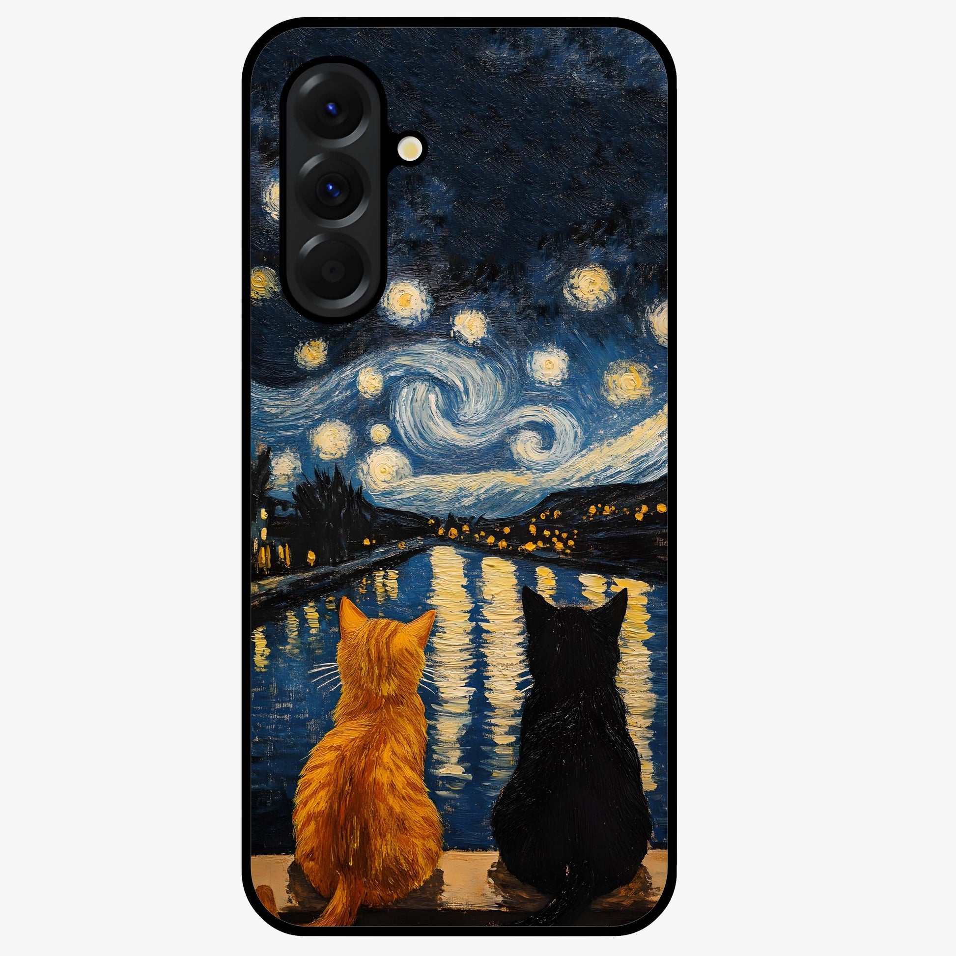 Starry River Cats Glass Case showing flat back view with cats by a starry river artwork and glossy glass finish.