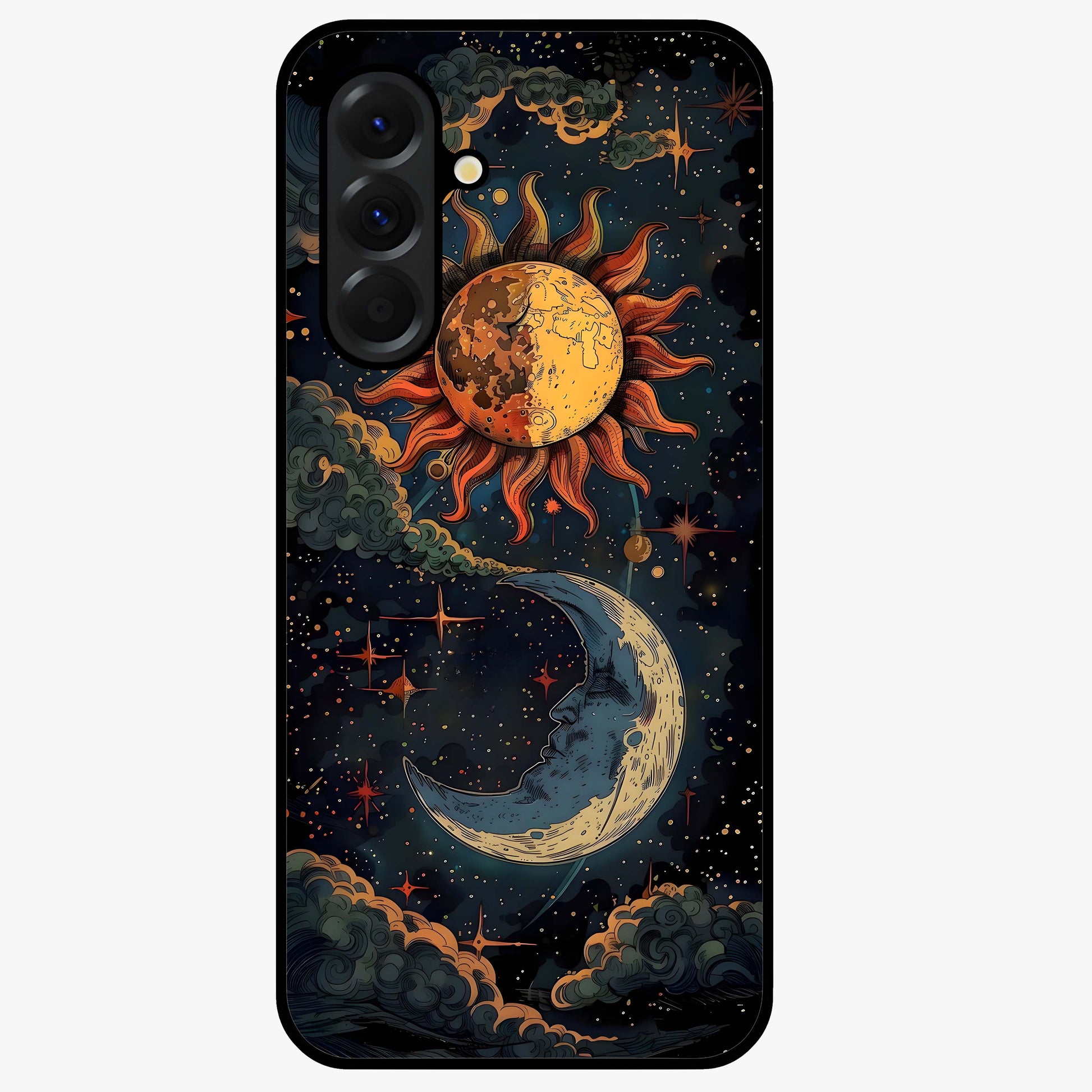 Sun And Moon Magic Design Glass Case showing flat back view with mystical sun and moon artwork and glossy glass finish.