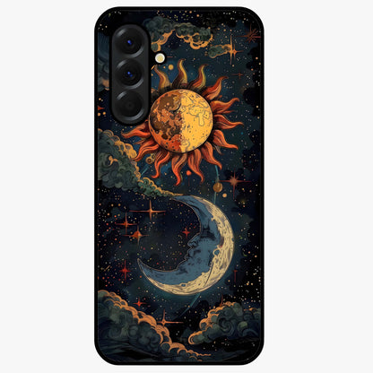 Sun And Moon Magic Design Glass Case showing flat back view with mystical sun and moon artwork and glossy glass finish.