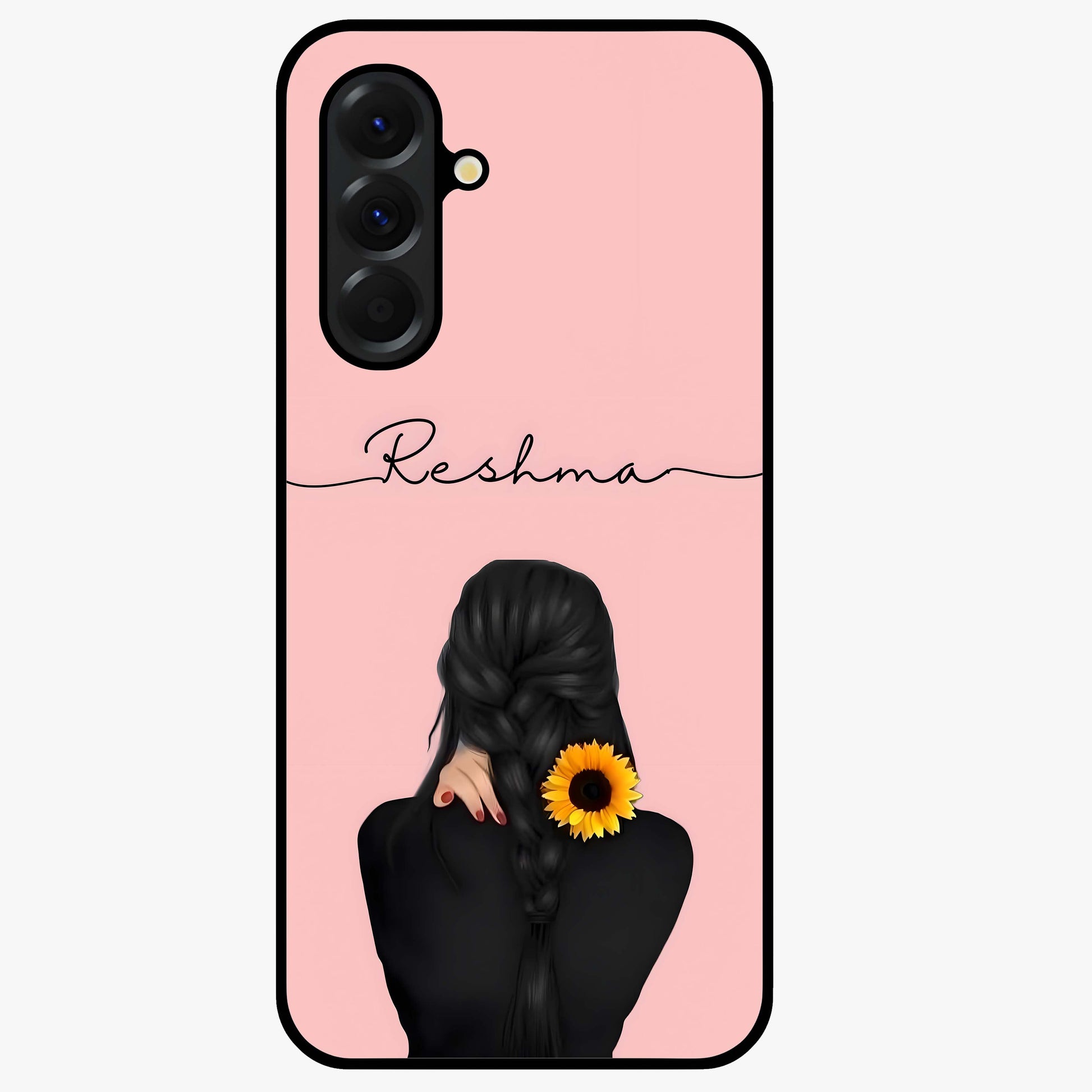 Sunflower Braid Beauty With Custom Name Glass Case showing flat back view with sunflower braid artwork and personalized name design.