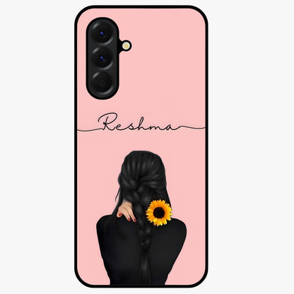 Sunflower Braid Beauty With Custom Name Glass Case showing flat back view with sunflower braid artwork and personalized name design.