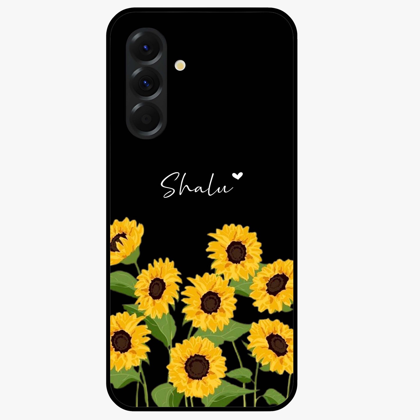 Sunflower Chic Mood Custom Name Glass Case showing flat back view with stylish sunflower artwork and personalized name design.