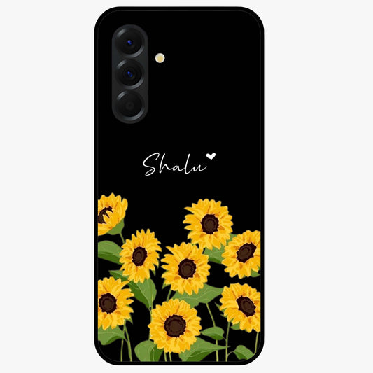 Sunflower Chic Mood Custom Name Glass Case showing flat back view with stylish sunflower artwork and personalized name design.