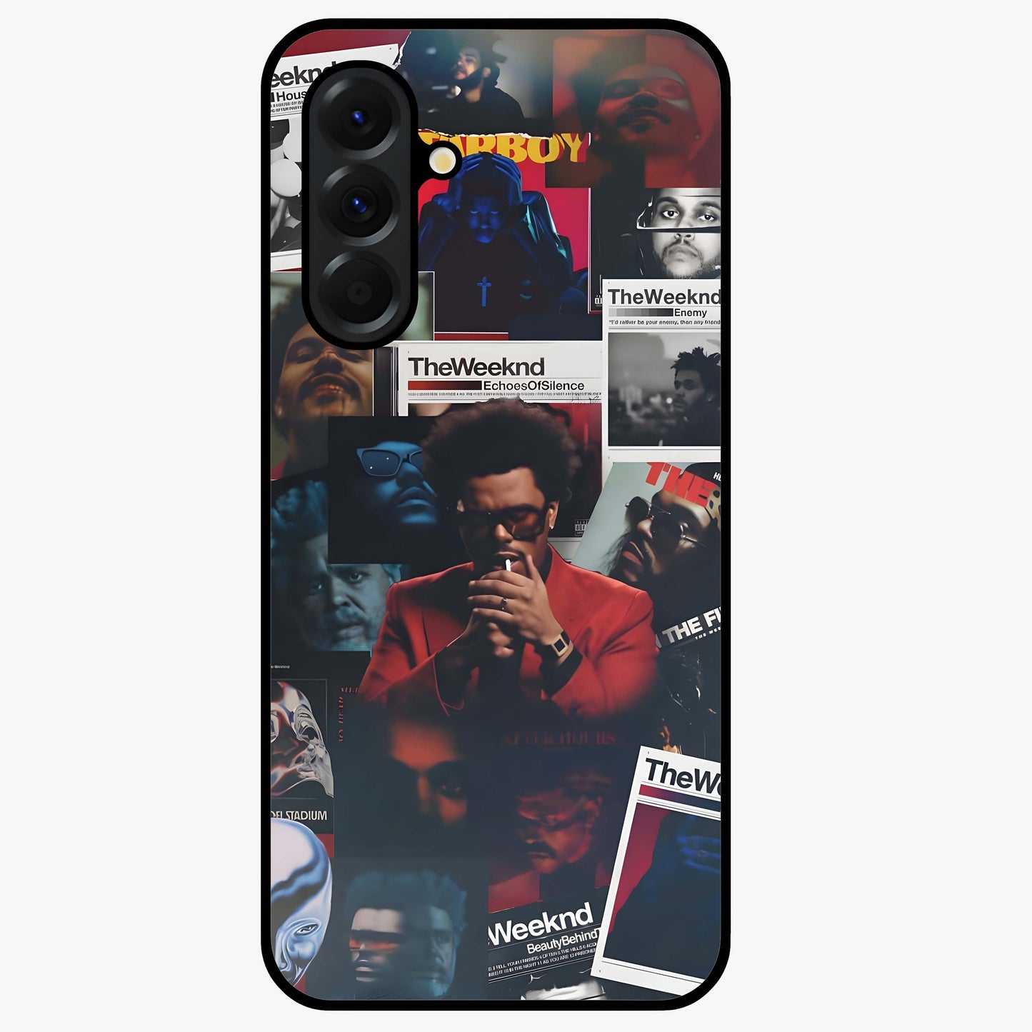 The Weeknd Glass Case showing flat back view with music inspired artistic portrait artwork and glossy glass finish.