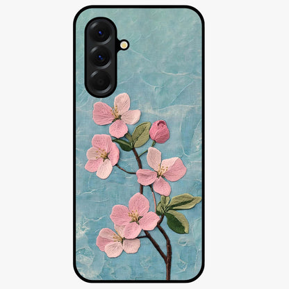 Threaded Blossom Breeze Glass Case showing flat back view with delicate blossom artwork and glossy glass finish.