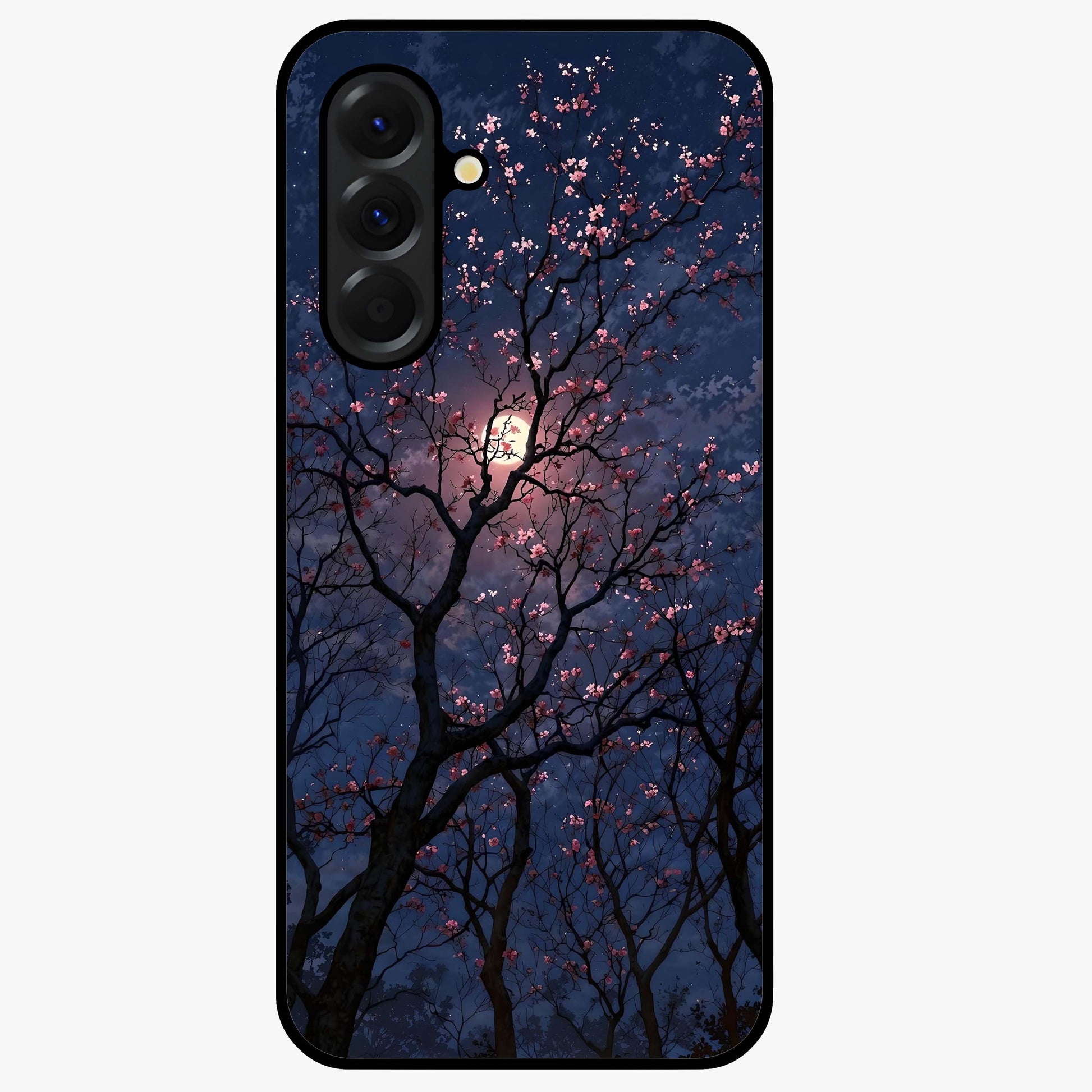 Twilight Sakura Serenade Glass Case showing flat back view with cherry blossom artwork at twilight and glossy glass finish.