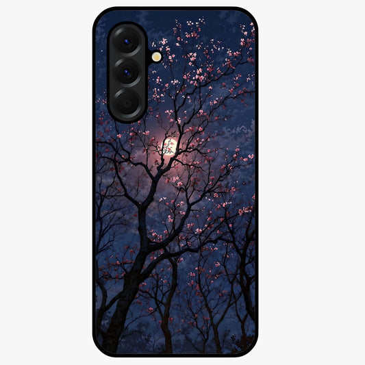 Twilight Sakura Serenade Glass Case showing flat back view with cherry blossom artwork at twilight and glossy glass finish.