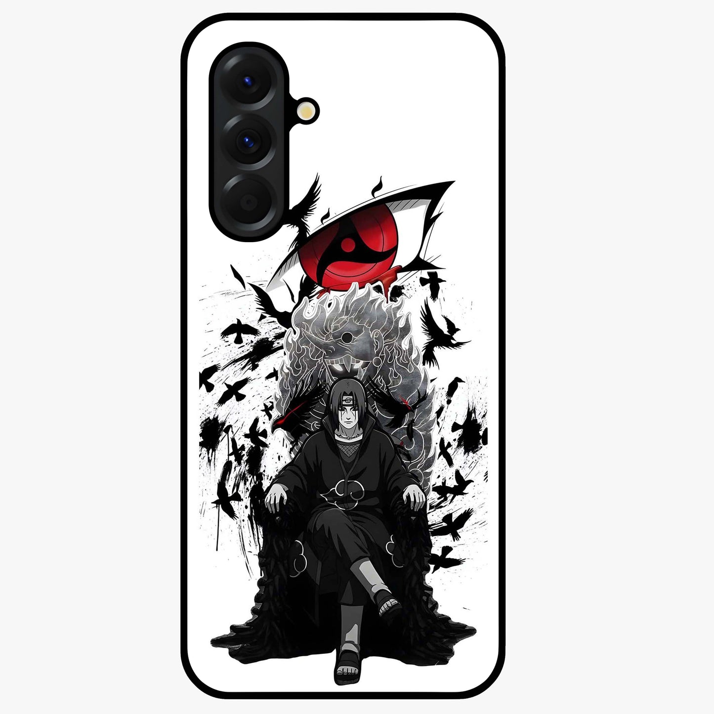 Uchiha Shadow Throne Glass Case showing flat back view with cosmic underwater themed artwork and glossy glass finish.
