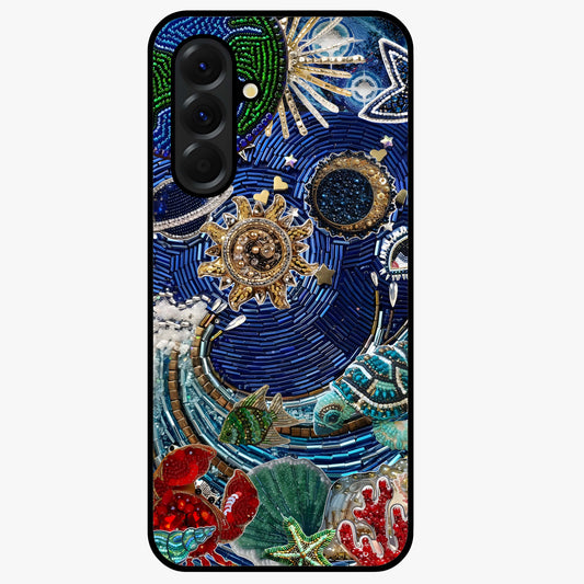 Universe Underwater Spark Glass Case showing flat back view with cosmic underwater themed artwork and glossy glass finish.