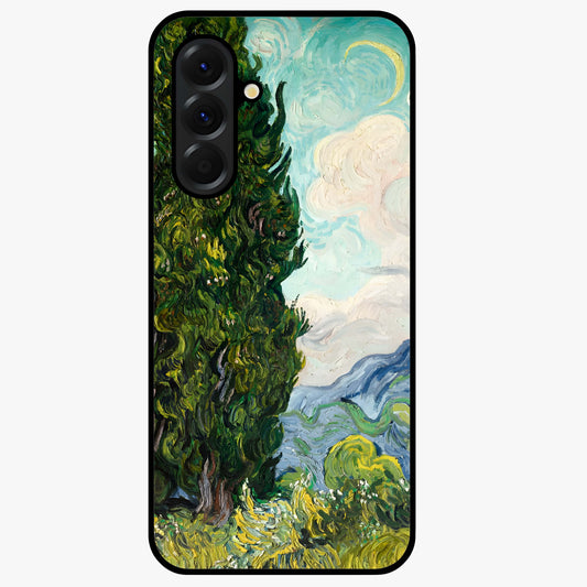 Van Gogh Vintage Art Glass Case showing flat back view with vintage painterly artwork inspired by Van Gogh style and glossy glass finish.