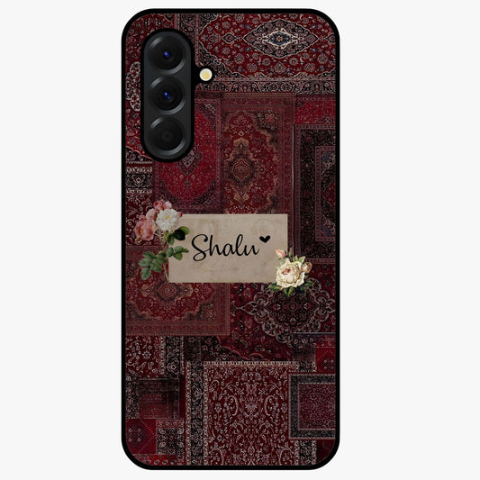 Velvet Wine Pattern Custom Name Glass Case showing flat back view with elegant wine colored pattern artwork and personalized name design.