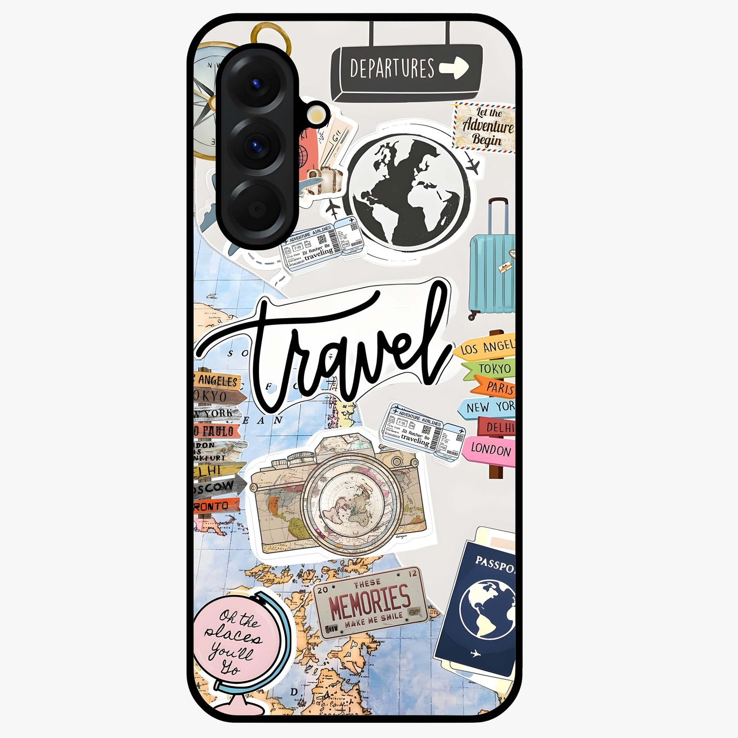 Wanderlust Journal Glass Case showing flat back view with travel inspired artwork and glossy glass finish.