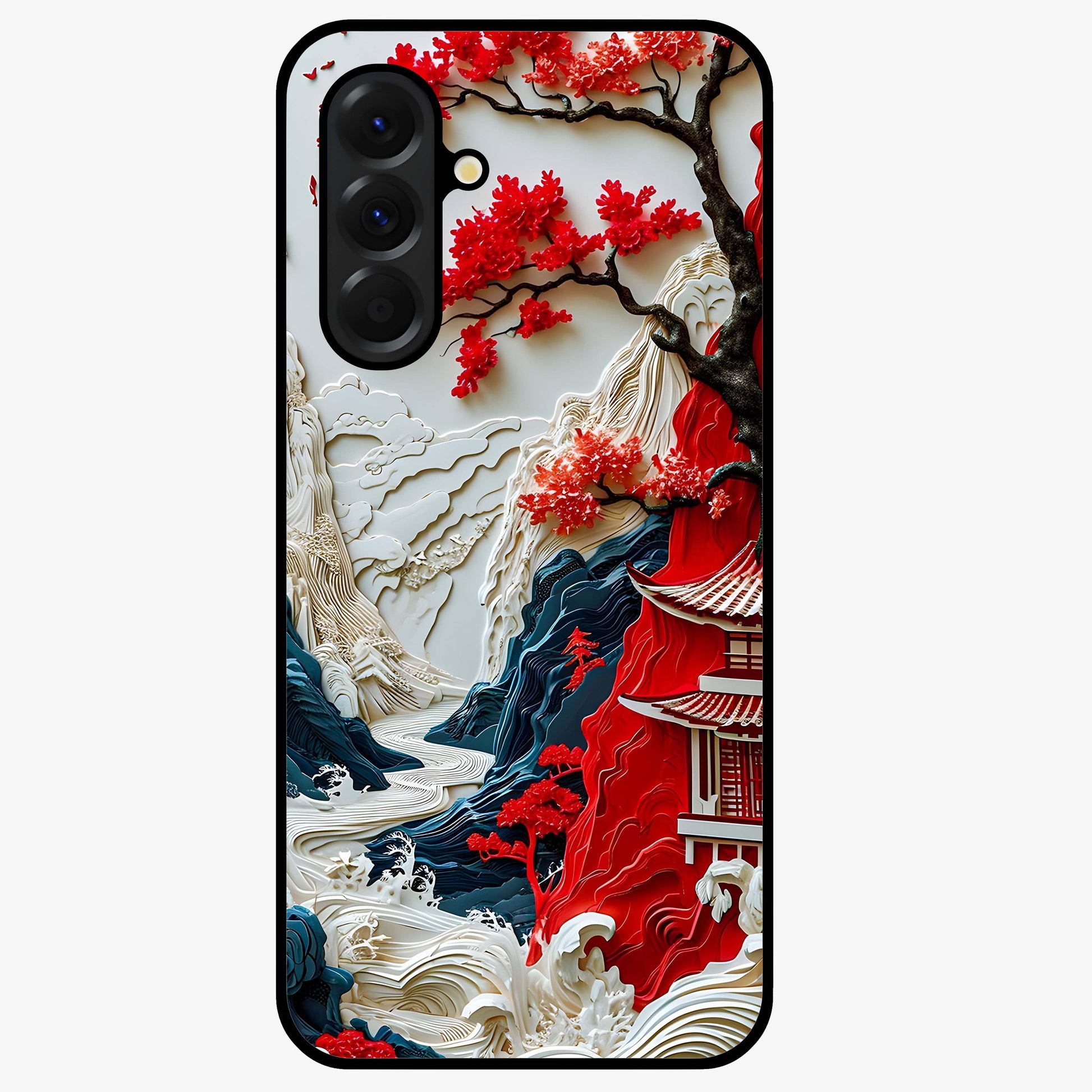 Whispers Of Sakura Waves Glass Case showing flat back view with cherry blossom wave artwork and glossy glass finish.