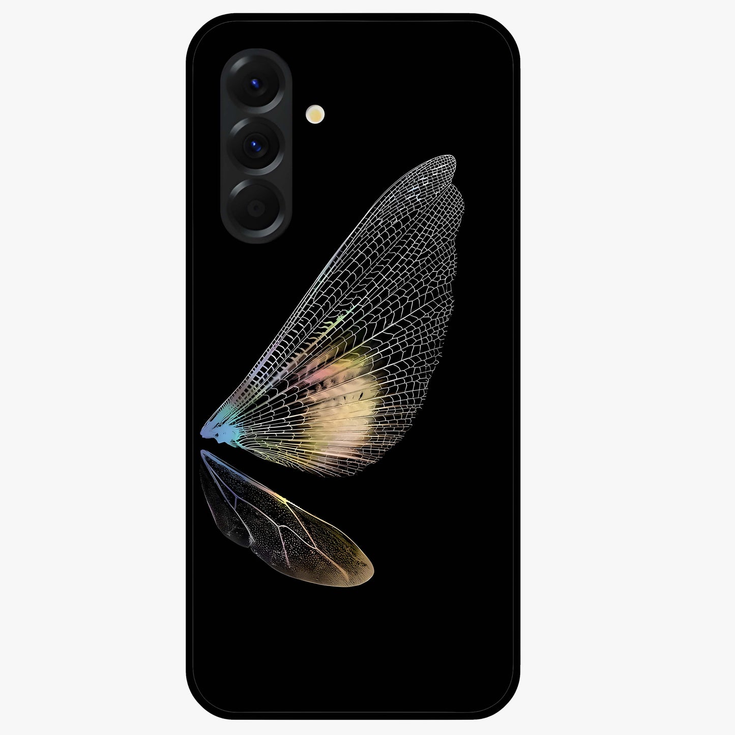 Whispers Of Wings Glass Case showing flat back view with graceful wing inspired artwork and glossy glass finish.