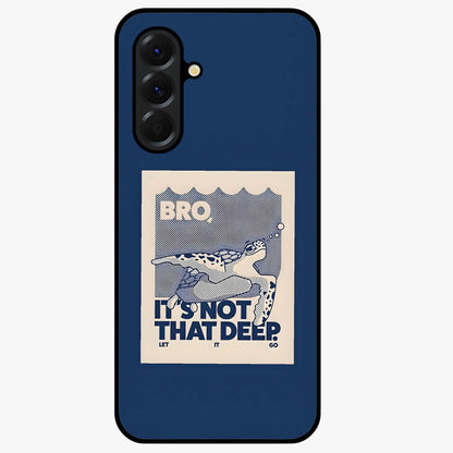Worry Less Swim Glass Case showing flat back view with playful motivational artwork and glossy glass finish.