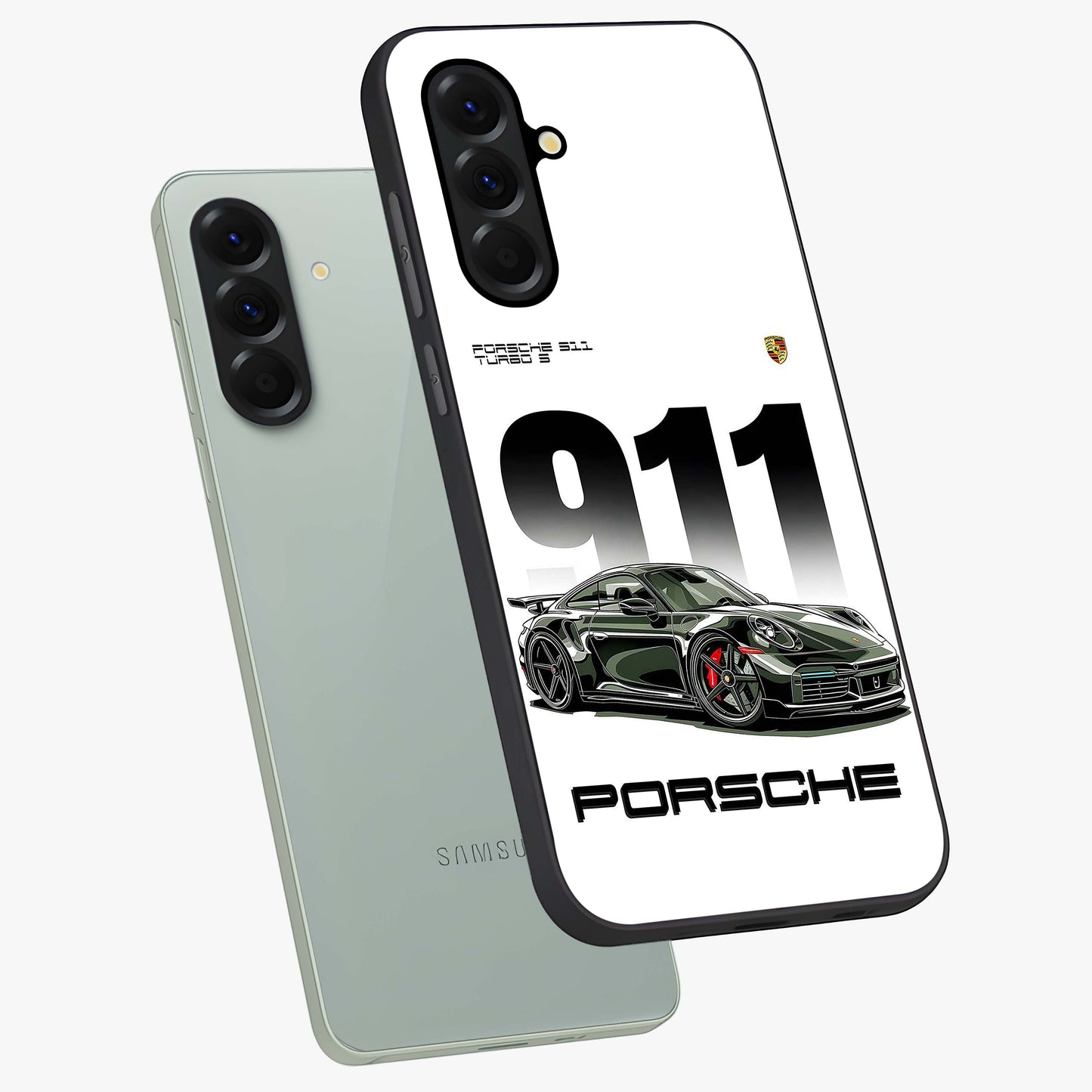 911 Turbo Dominance Glass Case displayed in premium angled mockup highlighting sporty car illustration and sleek glass surface.