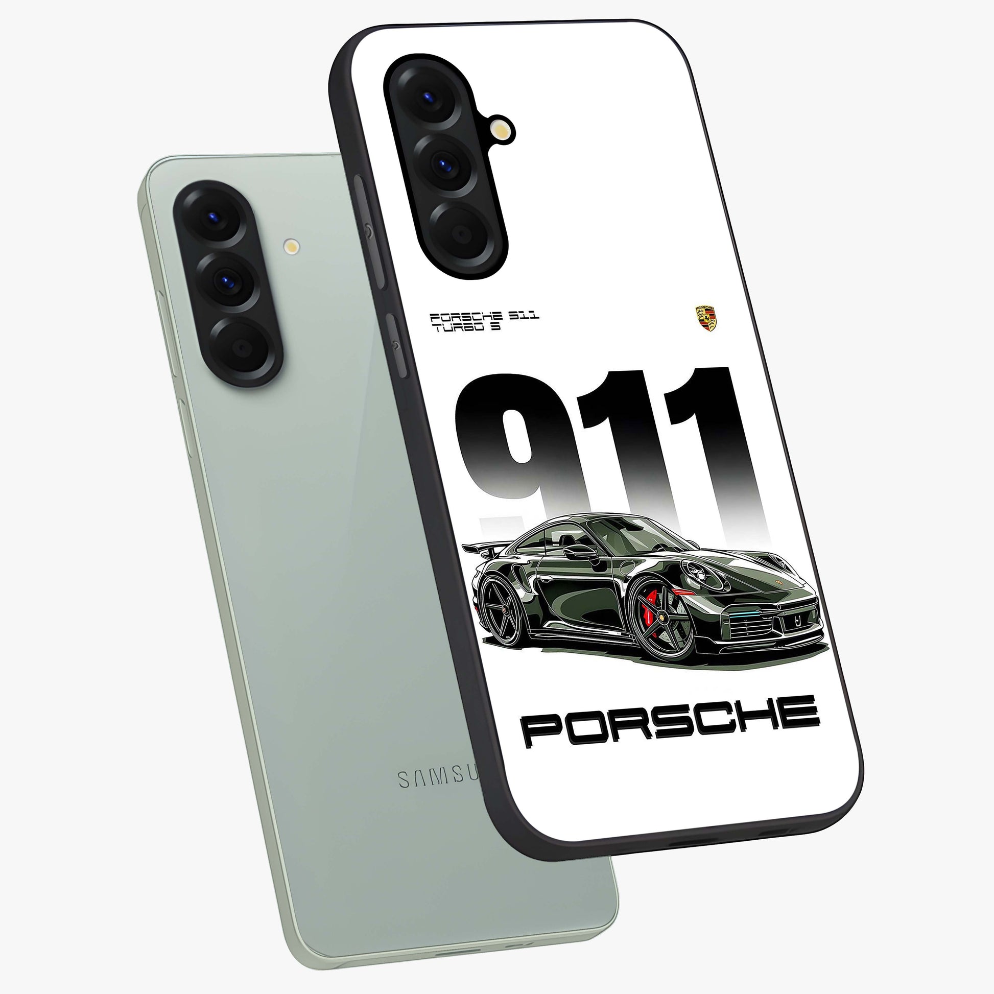 911 Turbo Dominance Glass Case displayed in premium angled mockup highlighting sporty car illustration and sleek glass surface.