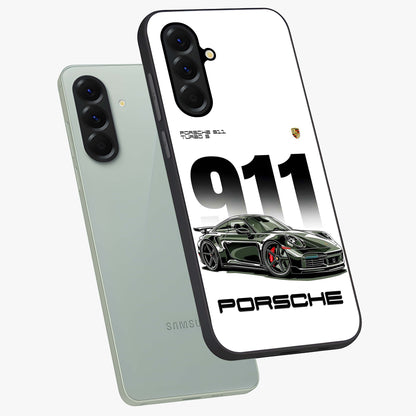 911 Turbo Dominance Glass Case displayed in premium angled mockup highlighting sporty car illustration and sleek glass surface.