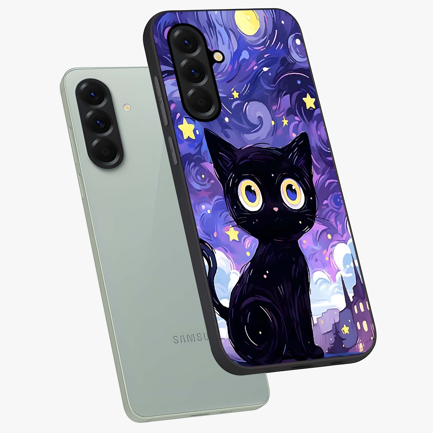 Abstract Cat Art Glass Case displayed in angled mockup highlighting modern abstract cat artwork and sleek glass surface.