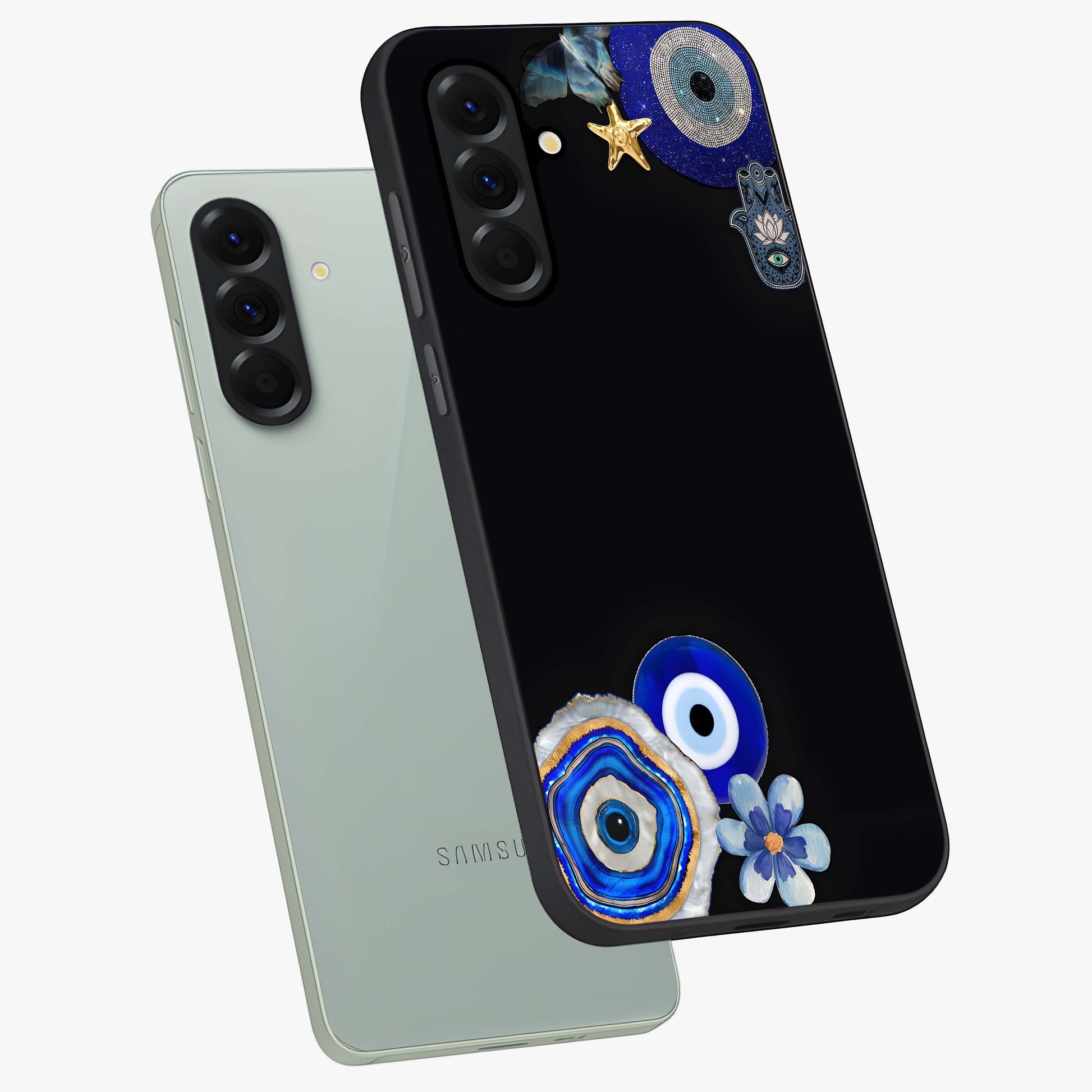 Aesthetic Blue Evil Eye Glass Case displayed in angled mockup highlighting blue evil eye symbol and spiritual aesthetic design.